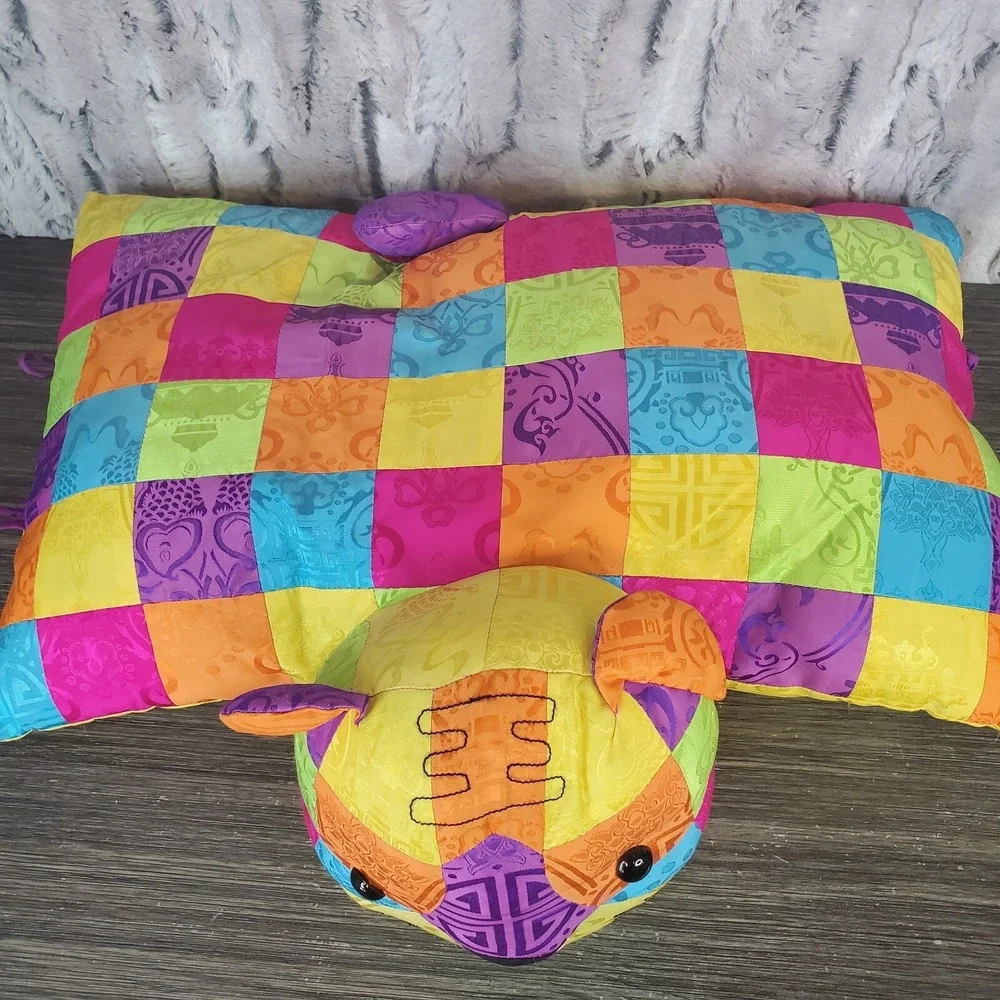 Quilted Asian Nylon Brocade Cat Pillow With Plush Kitty Head‎ PATCHWORK BRIGHT